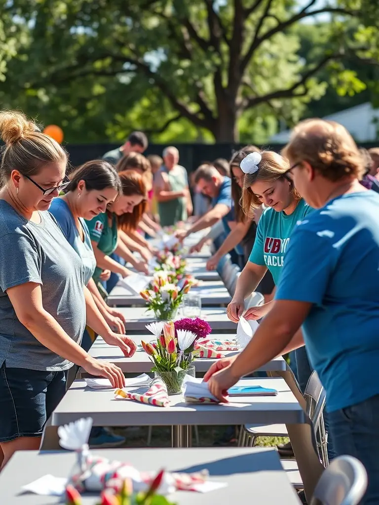 A photo of volunteers setting up for a community arts festival, demonstrating the organization's focus on community engagement.