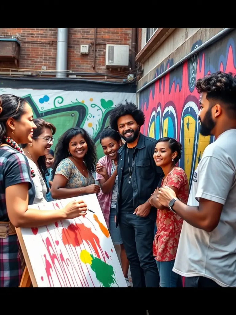 A photograph capturing a diverse group of artists collaborating on a stage design, showcasing the collaborative spirit of the organization's programs.