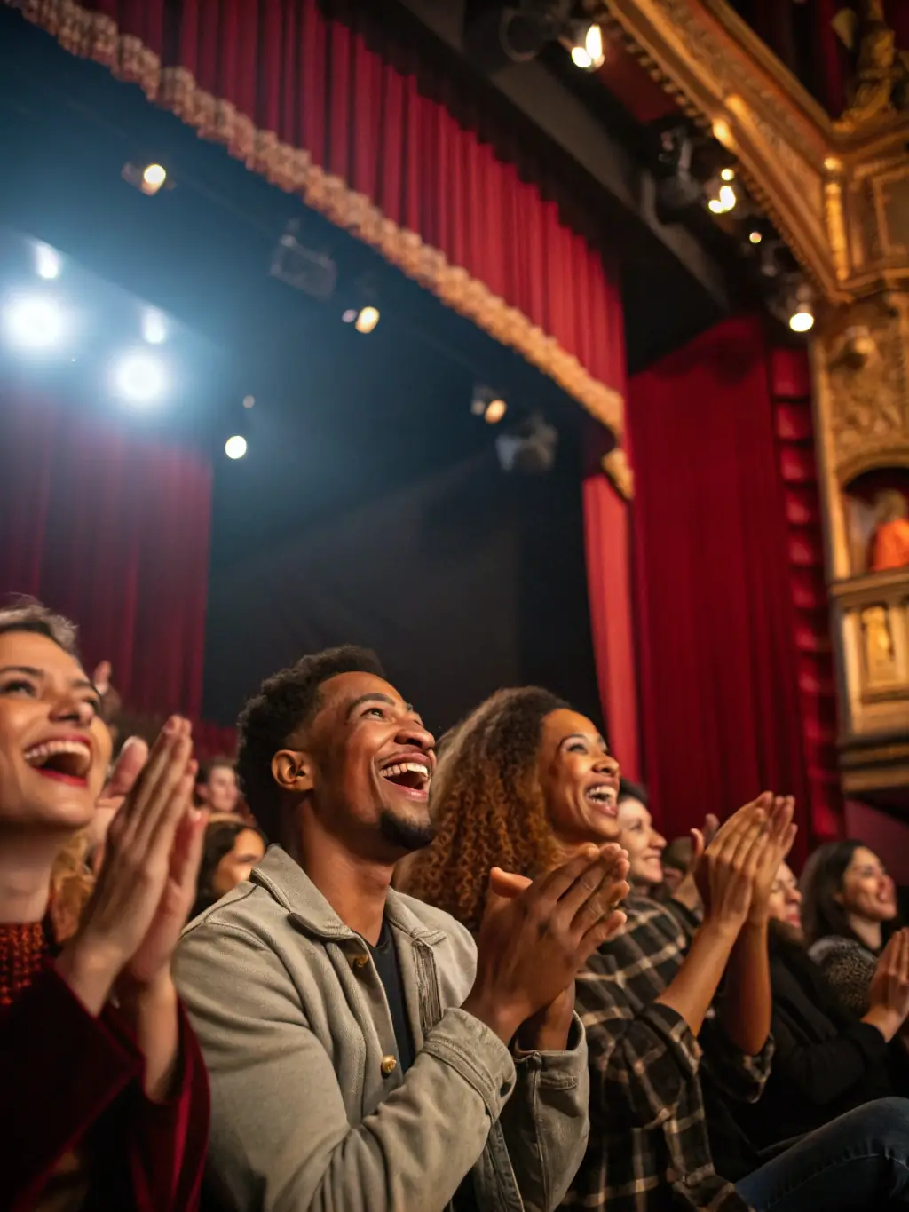 An image of a local theater filled with an audience enjoying a live performance, emphasizing the organization's role in promoting cultural events.